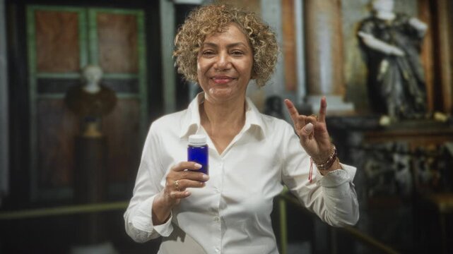 Woman holding blue pill bottle with exposed hand, smiling and making rock horns gesture in ornate building; joy celebration wellbeing.
