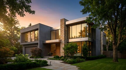 Obraz premium Modern Luxury Two Story Residence with Large Glass Windows and Manicured Garden during Golden Hour Sunset
