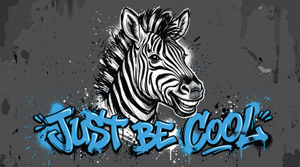 Obraz premium Graffiti zebra head illustration with Just Be Cool text, urban street art style animal vector, edgy grunge aesthetic for apparel and posters