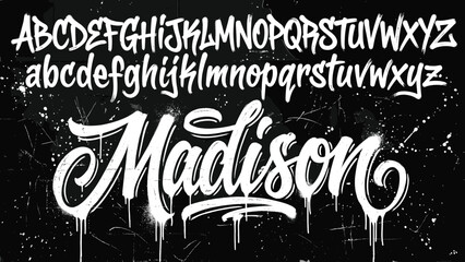 Graffiti alphabet font with Madison script. Urban street art typography on black background. Hand drawn spray paint lettering vector. © Iconify Studio