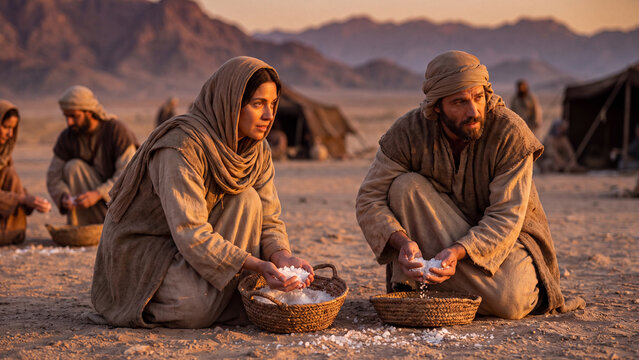 Israelites collect manna from the ground into baskets in the desert, a divine miracle of food from heaven