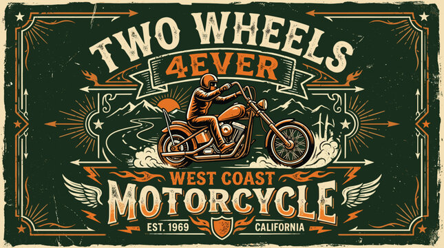 Vintage motorcycle vector illustration, retro biker club emblem with Two Wheels 4Ever text, classic west coast chopper design on dark green background