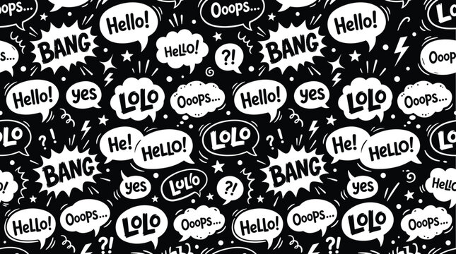 Comic speech bubble seamless pattern, black and white pop art background, hand drawn doodle style vector with bang and hello text