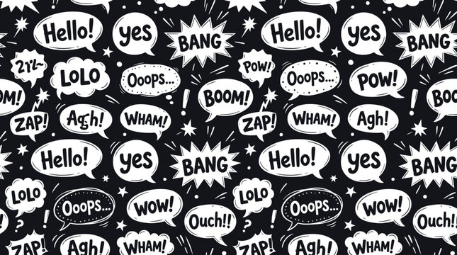 Comic book speech bubble seamless pattern, pop art sound effects and hand drawn onomatopoeia vector, black and white doodle background for textile