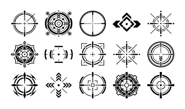 Futuristic crosshair icons set, 15 black target aim vector elements, tactical sniper scope reticle collection for gaming and military interface design