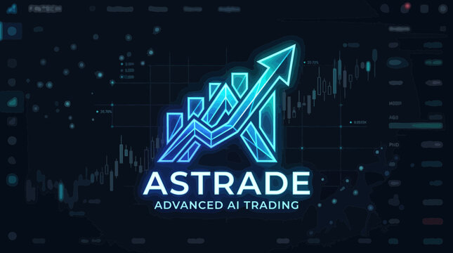 Futuristic AI trading platform interface with glowing blue growth arrow. Advanced fintech dashboard for stock market analysis. Astrade logo vector illustration.