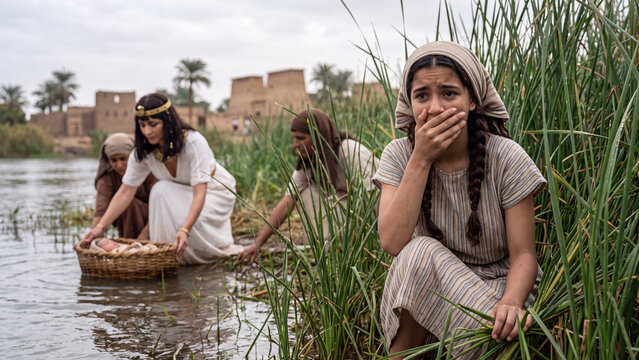 Pharaoh's daughter discovers baby Moses in a basket among reeds on the Nile, as Miriam watches nearby