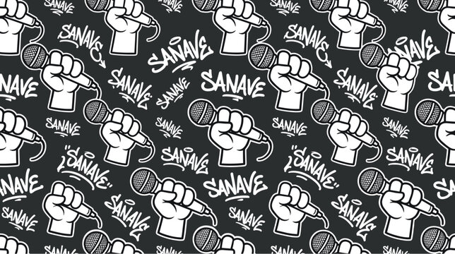 Graffiti style seamless pattern with hand holding microphone, hip hop music background, urban street art vector with Sanave text