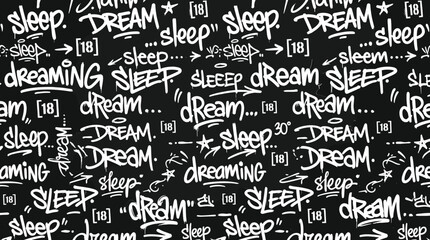 Graffiti seamless pattern with sleep and dream text, urban street art typography vector, black and white hand drawn lettering background © Iconify Studio