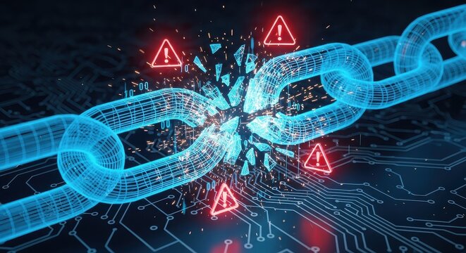 Cyber Security Breach Concept with Broken Digital Chain and Warning Icons on Circuit Board Background