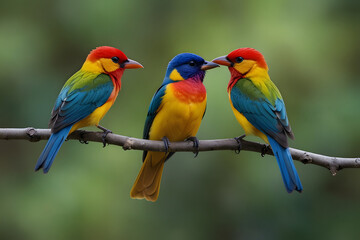 Naklejka premium Colorful Birds Perched on a Natural Tree Branch, Vibrant Plumage and Detailed Feathers, Beautiful Wildlife Scene with Tropical Birds Resting Together, Bright Nature Background and Artistic Composition