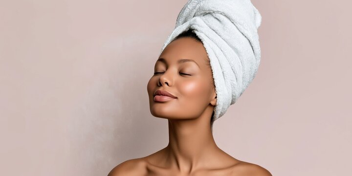 Serene woman with towel turban on pink background for spa branding.

