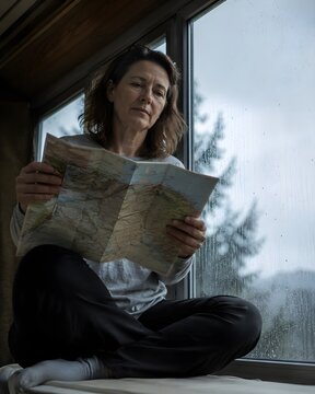 Candid portrait of a woman in her 50s sitting cross-legged on a windowsill while reading a physical map beside a rain-streaked window. Soft overcast daylight, muted cool color palette, and a low-angle