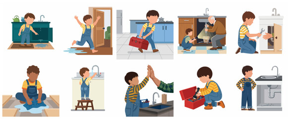 Fototapeta premium Little Boy Helping with Plumbing Repairs and Fixing Leaking Sink Illustration Set