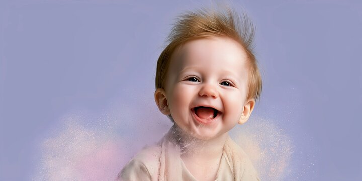 Happy laughing infant with messy hair against a soft purple background with magical glowing dust.

