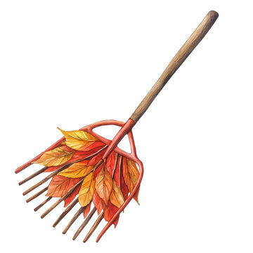 Leaf Rake, watercolor vector depicting playful antics, isolated on a white background.
