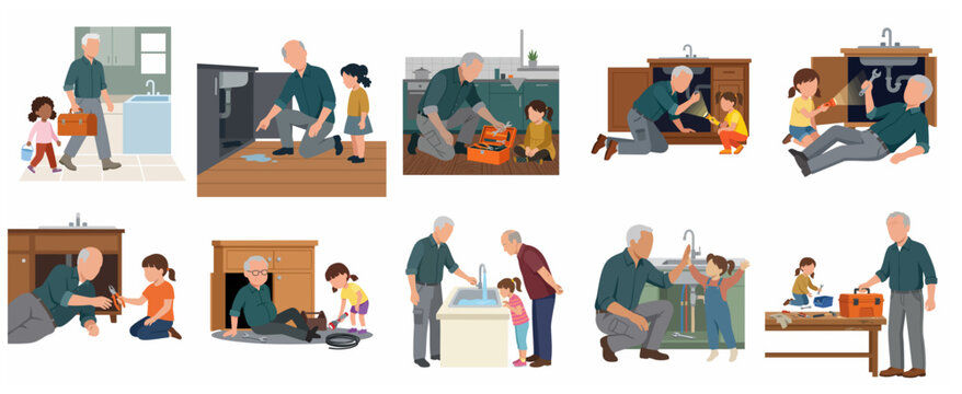 Grandfather teaching granddaughter how to fix plumbing, collection of kitchen sink repair scenes