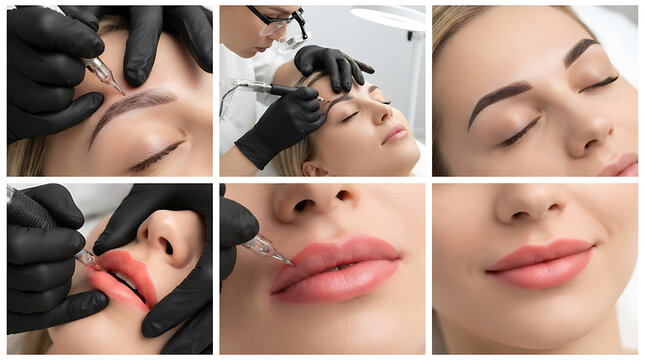 Cosmetic tattooing process beautician applying pigment to lips and eyebrows