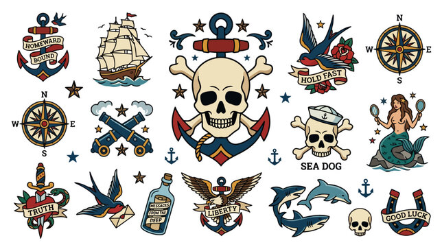 Nautical Tattoo Style Art: Skull, Ship, Anchor, Mermaid, Compass, Swallows
