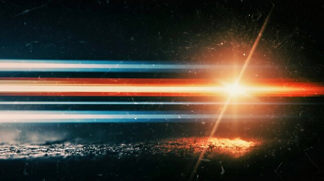 Cinematic horizontal light streaks with bright flare for futuristic background.

