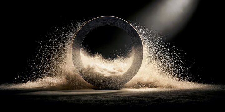 Mysterious dark stone ring with glowing golden dust explosion for cinematic branding design.

