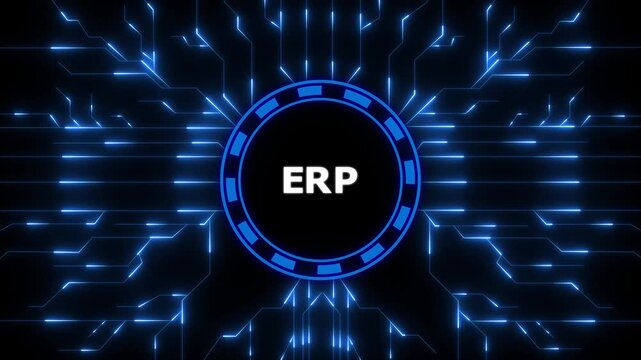 ERP Enterprise Resource Planning Concept with Futuristic HUD Interface, Digital Data Flow on Circuit Board and CPU Technology.