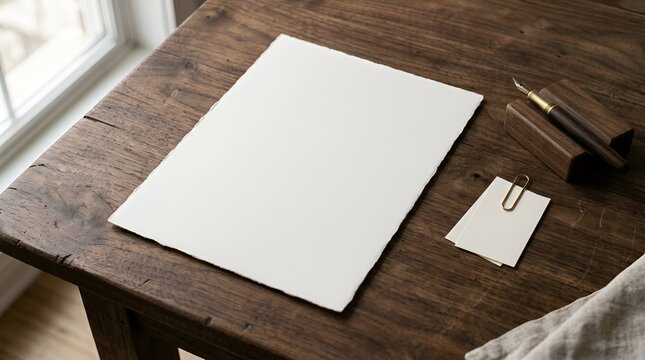 Blank Paper, Fountain Pen, and Clip on Rustic Wooden Table