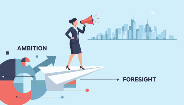 Ambitious businesswoman standing on a paper plane and shouting through a megaphone to guide her professional career foresight.