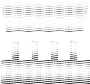 Geometric composition with a trapezoid shape above four vertical pillars and a base line made of small black dots on a white background texture