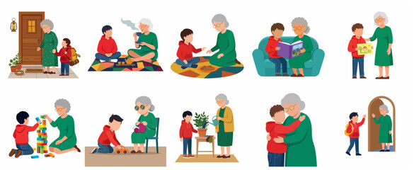 Fototapeta premium Happy Grandmother and Grandson Daily Life Activities and Bonding Flat Vector Illustration Set