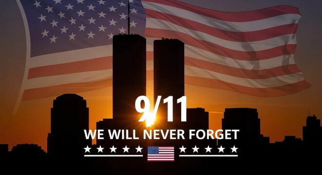 September 11 Memorial Graphic with Twin Towers Silhouette and American Flag Overlay - We Will Never Forget Patriot Day