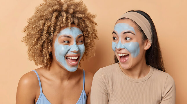 Two smiling women with blue facial masks on their faces happy