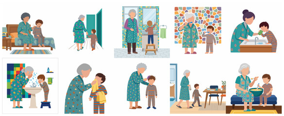 Grandmother and Grandson Daily Morning Routine Vector Illustration Set, Elderly Woman Caring for Young Boy Brushing Teeth Washing Face and Eating Breakfast