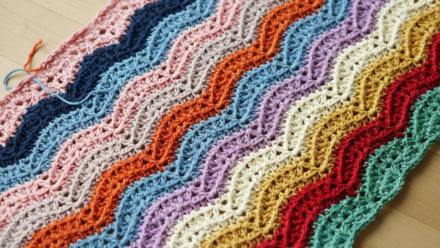 Colorful ripple crochet fabric wavy pattern handmade textile craft alternating rows blue pink orange lavender yellow green design