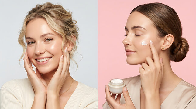 Woman applying face cream and smiling with hands on cheeks beauty skincare