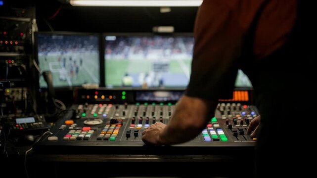 Medium shot of broadcast truck interior featuring a professional video switcher with blurred monitors and intercom panels in background during a lively sports event.