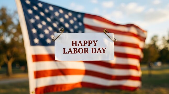 Happy Labor Day sign with US flag. American holiday celebration with national banner.