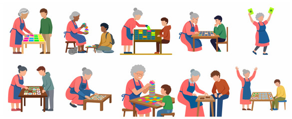 Fototapeta premium Set of Vector Illustrations Showing Grandmother and Grandson Playing Various Board Games, Memory Games, and Card Games Together, Intergenerational Bonding and Family Fun Activity