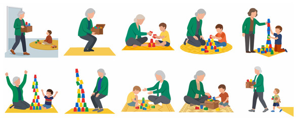 Grandmother and Grandson Playing with Stacking Cups Vector Illustration Set, Intergenerational Bonding and Early Childhood Development Concept