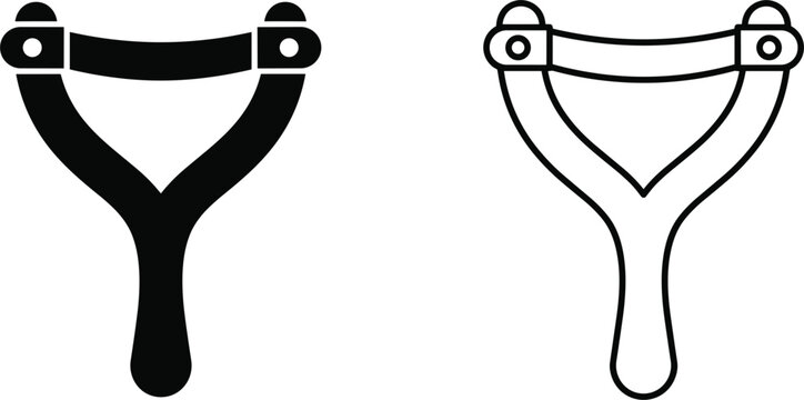 Wooden slingshot vector icon set showing solid silhouette and thin line outline style hunting slings