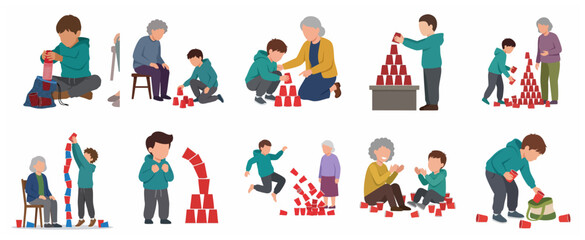 Fototapeta premium Intergenerational family activities set featuring a boy and his grandmother playing with red plastic cups in flat vector illustration style.