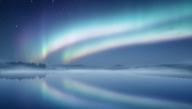 Aurora borealis over misty lake landscape 夜空に揺らめく神秘的なオーロラと霧立つ湖の景観背景イラスト