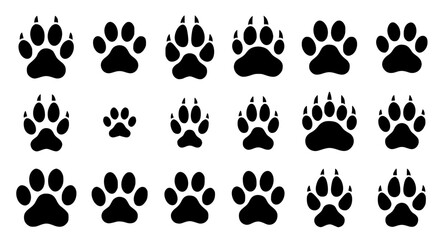 Black Animal Paw Print Silhouette Vector Set with Dog Cat Tiger Wolf and Wild Track Icons © MdAbdus