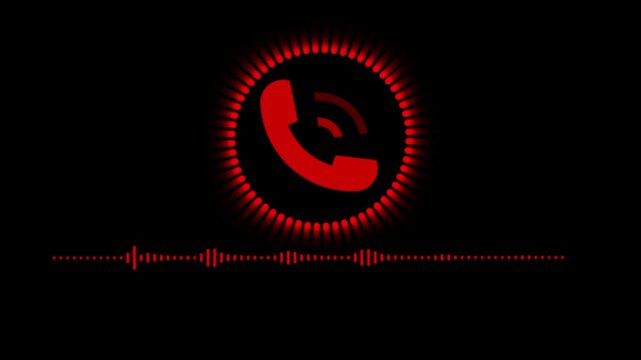Red phone call icon with glowing ring and audio waveform on a black background, showing incoming call, communication, alert, or mobile connection in a modern digital style.