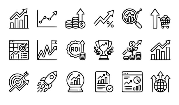 Business Growth and Financial Analytics Outline Icon Set Investment Marketing Strategy Vector Collection