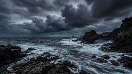 Fototapeta premium Dramatic stormy ocean waves crashing on rocky coastline, dark clouds overhead, lighthouse in distance, moody seascape