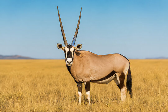 Gemsbok Oryx Standing in Dry Grassland Desert