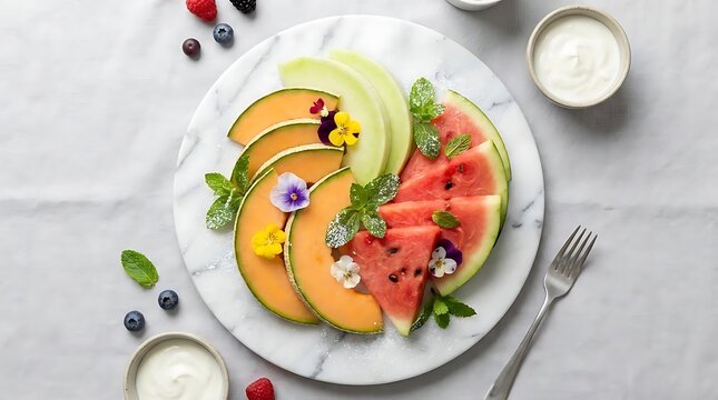 Fresh fruit platter with melon, watermelon, and berries.