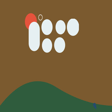 Minimalist graphic illustration featuring abstract circles and hills on brown background, abstract