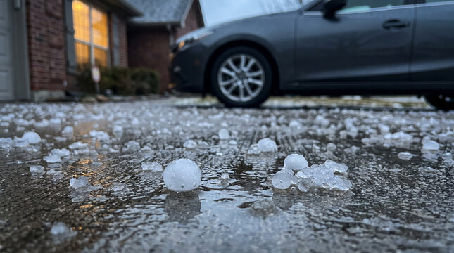 Hailstones covering a suburban driveway. Ice pellets on ground after a severe storm.